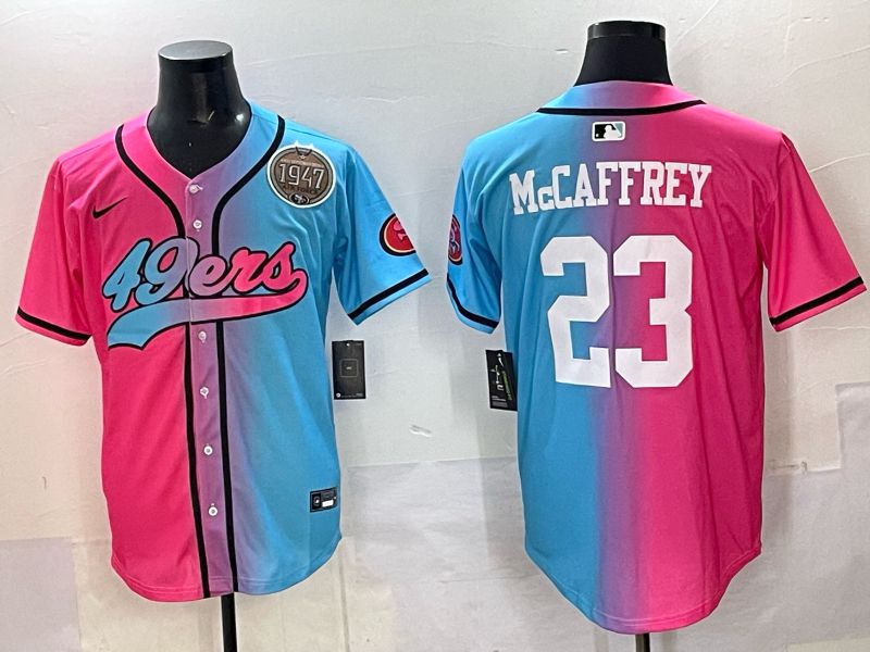 Men 2025 San Francisco 49ers 23 Mccaffrey Blue pink Nike Limited NFL Jersey style 08
